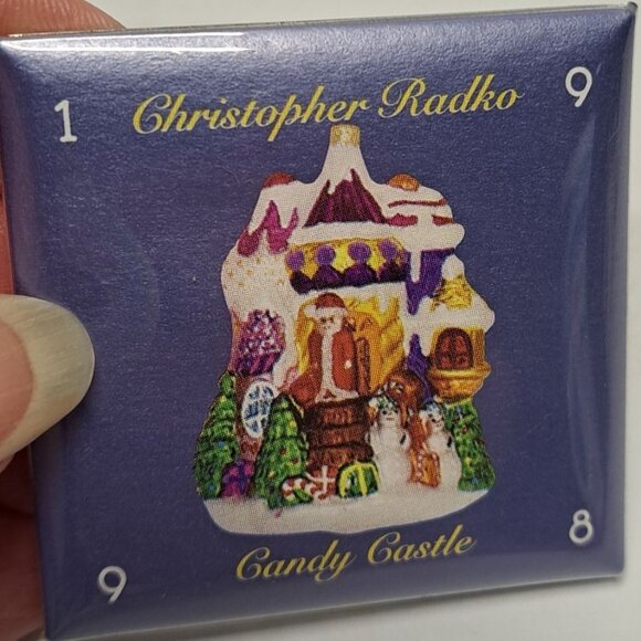 VTG Christopher Radko Candy Castle Christmas Ornament Pin-Back Button Metal  2" - Picture 1 of 3